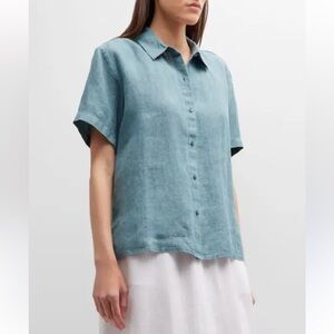 Eileen Fisher Organic Linen Blue-Grey Button-Up Shirt Blouse-L